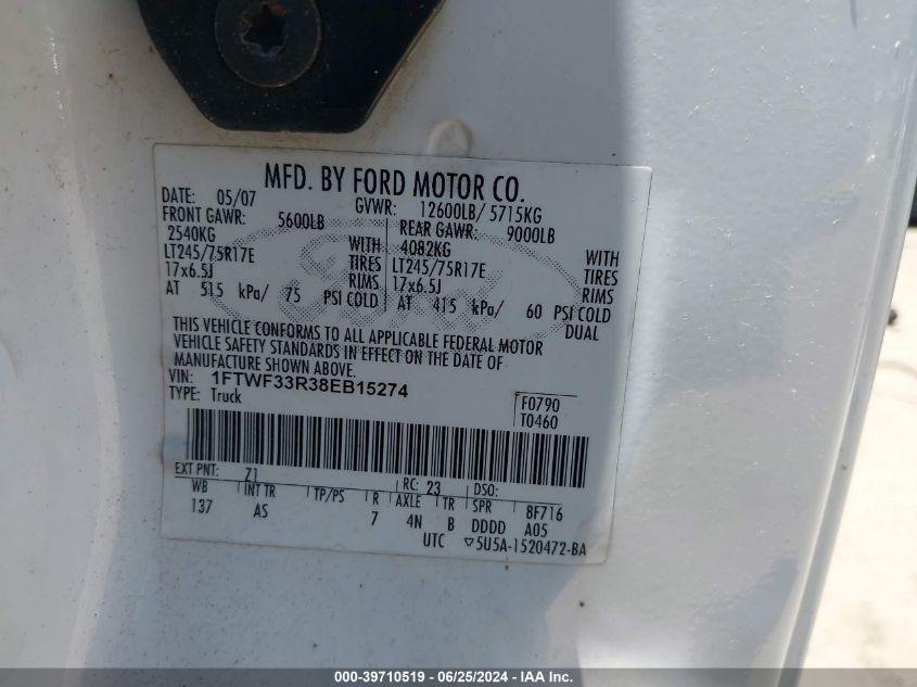 2008 Ford F-350 Xl/Xlt VIN: 1FTWF33R38EB15274 Lot: 39710519