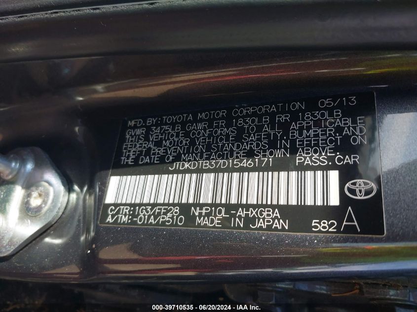 2013 Toyota Prius C Three VIN: JTDKDTB37D1546171 Lot: 39710535