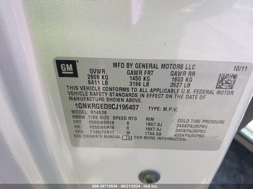 2012 Chevrolet Traverse 1Lt VIN: 1GNKRGED8CJ196407 Lot: 39710536