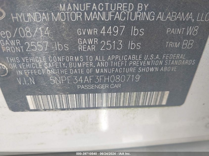 2015 Hyundai Sonata Sport VIN: 5NPE34AF3FH080719 Lot: 39710540