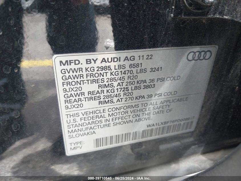 2023 Audi Q7 Premium Plus VIN: WA1LXBF76PD008917 Lot: 39710545