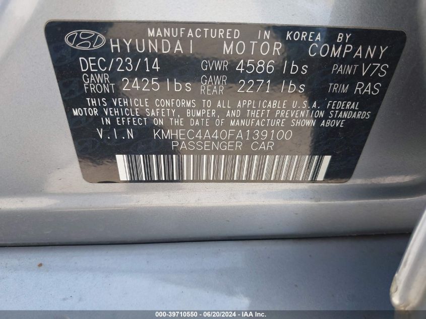 2015 Hyundai Sonata Hybrid VIN: KMHEC4A40FA139100 Lot: 39710550