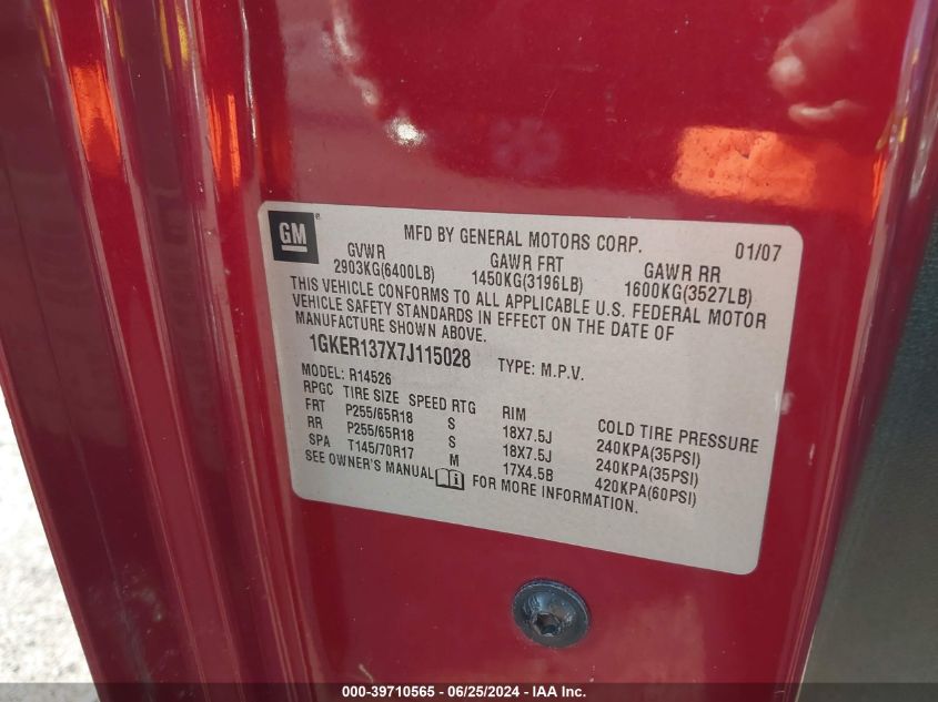 2007 GMC Acadia Sle VIN: 1GKER137X7J115028 Lot: 39710565