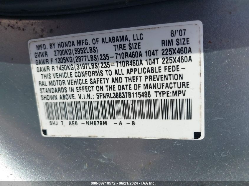 2007 Honda Odyssey Touring VIN: 5FNRL38837B115486 Lot: 39710572