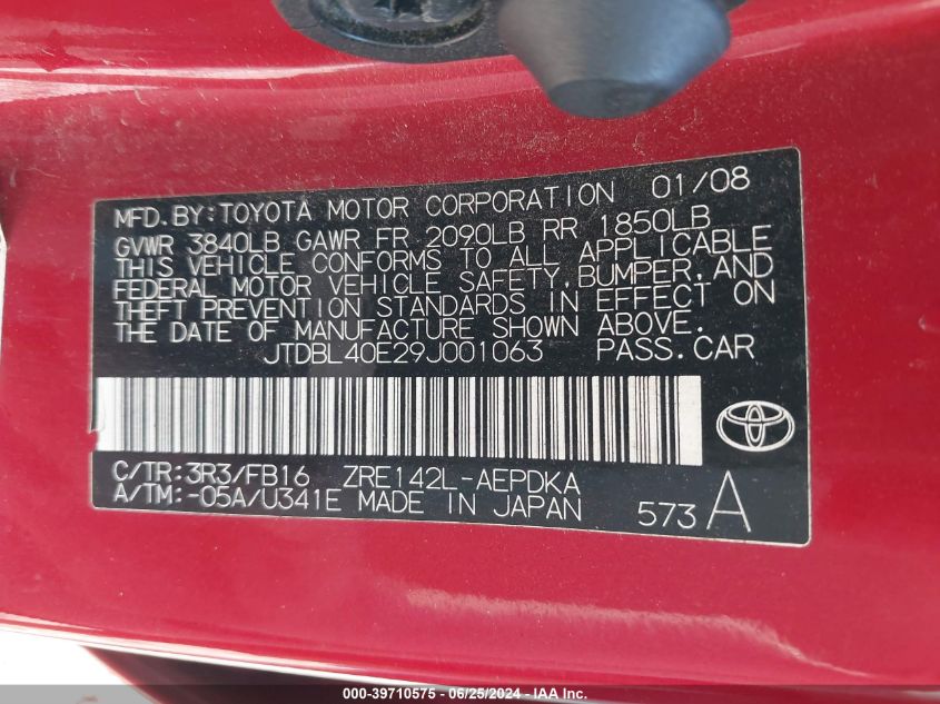 2009 Toyota Corolla Le/Xle VIN: JTDBL40E29J001063 Lot: 39710575