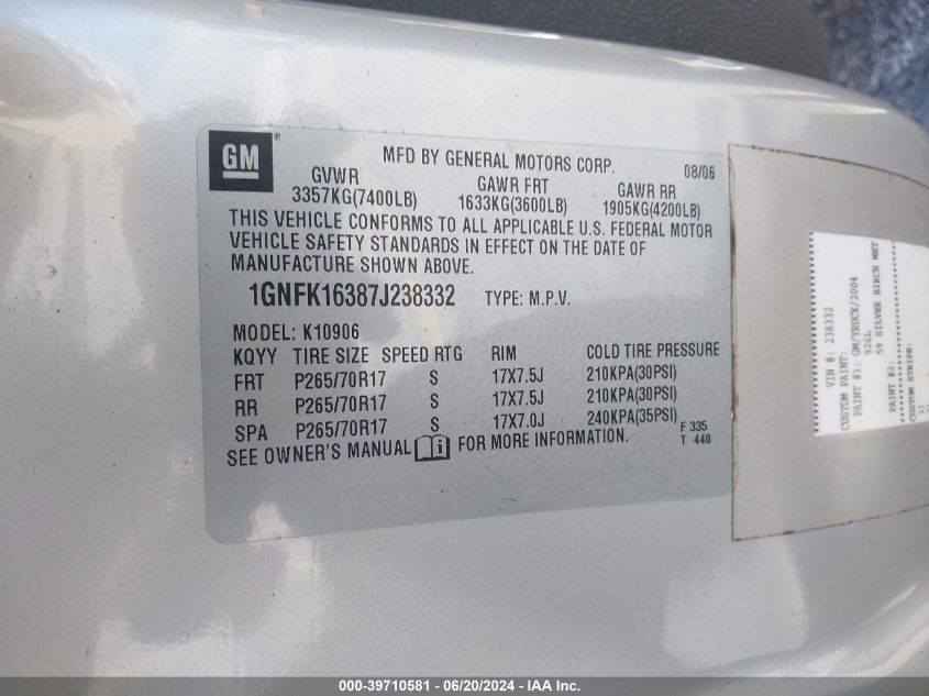 2007 Chevrolet Suburban 1500 Lt VIN: 1GNFK16387J238332 Lot: 39710581