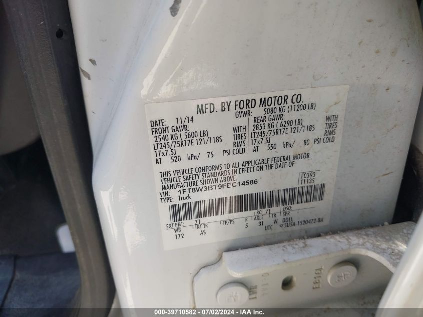 2015 Ford F-350 Xl VIN: 1FT8W3BT9FEC14586 Lot: 39710582