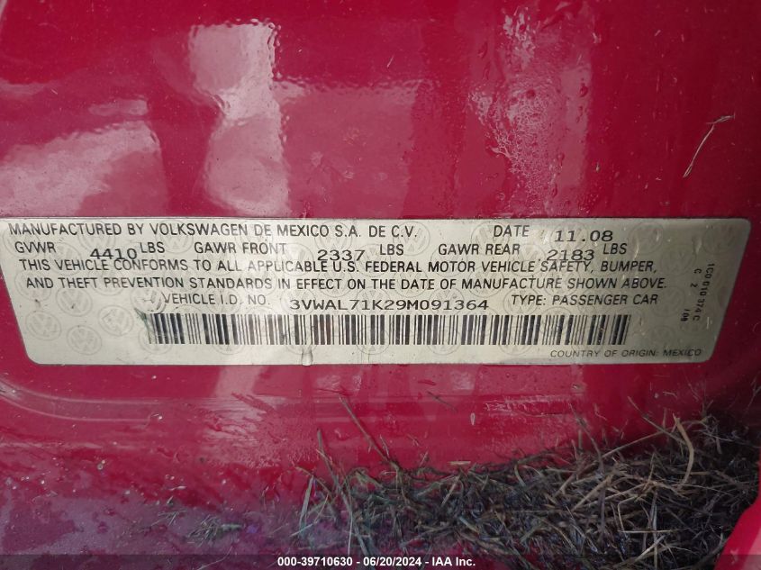 2009 Volkswagen Jetta Tdi VIN: 3VWAL71K29M091364 Lot: 39710630