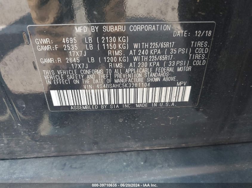 2019 Subaru Outback 2.5I Premium VIN: 4S4BSAHC5K3281104 Lot: 39710635