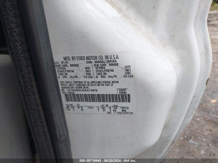 2002 Ford F-250 Lariat/Xl/Xlt VIN: 1FTNX20LX2EA15876 Lot: 39710640