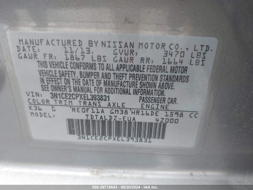 2014 Nissan Versa Note Sv VIN: 3N1CE2CPXEL393831 Lot: 39710643