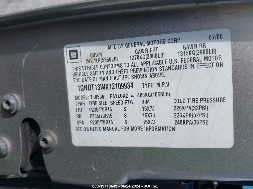 2001 Chevrolet Blazer VIN: 1GNDT13WX12109934 Lot: 39710649