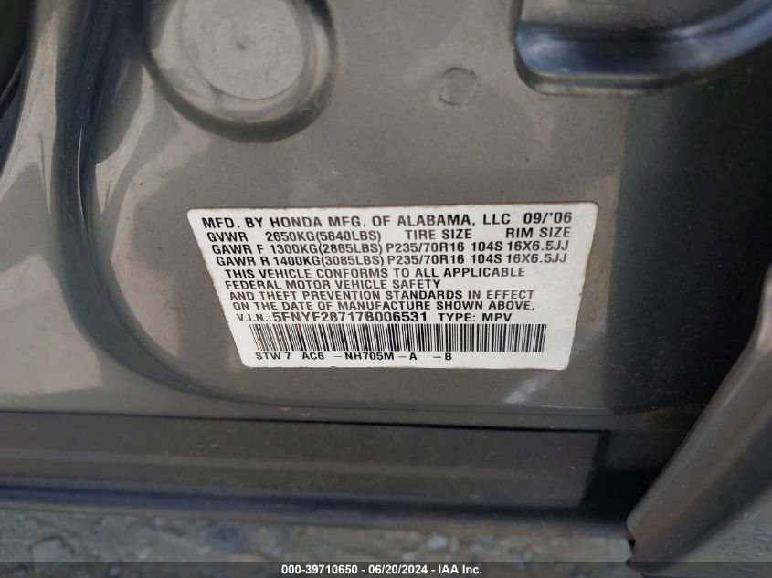 2007 Honda Pilot Ex-L VIN: 5FNYF28717B006531 Lot: 39710650