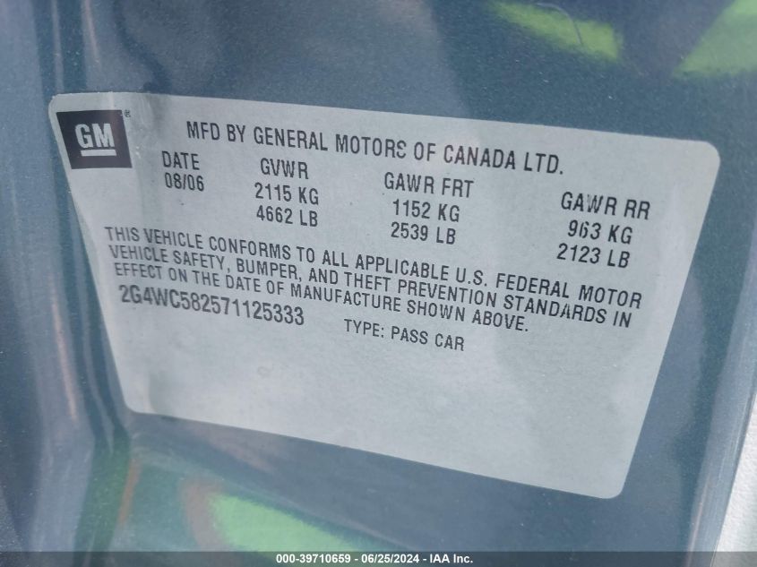 2007 Buick Lacrosse Cx VIN: 2G4WC582571125333 Lot: 39710659