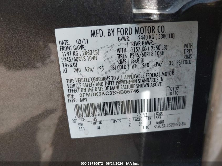 2011 Ford Edge Limited VIN: 2FMDK3KC3BBB05746 Lot: 39710672