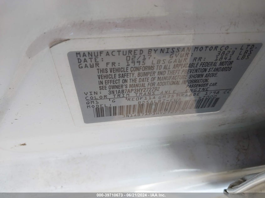 2017 Nissan Sentra S/Sv/Sr/Sl VIN: 3N1AB7AP3HY272792 Lot: 39710673