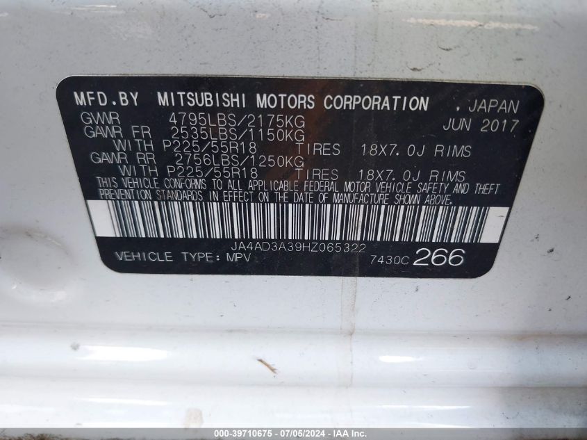 2017 Mitsubishi Outlander Sel VIN: JA4AD3A39HZ065322 Lot: 39710675