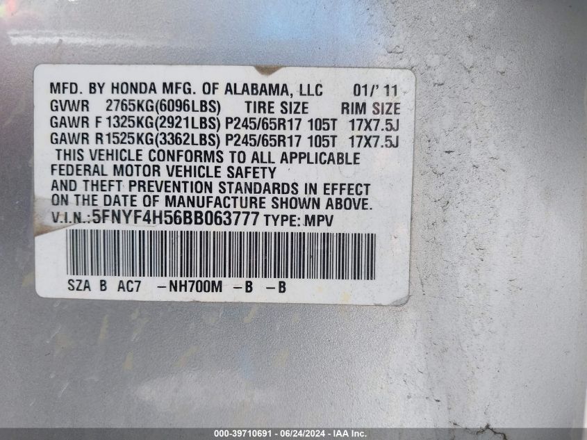 2011 Honda Pilot Ex-L VIN: 5FNYF4H56BB063777 Lot: 39710691