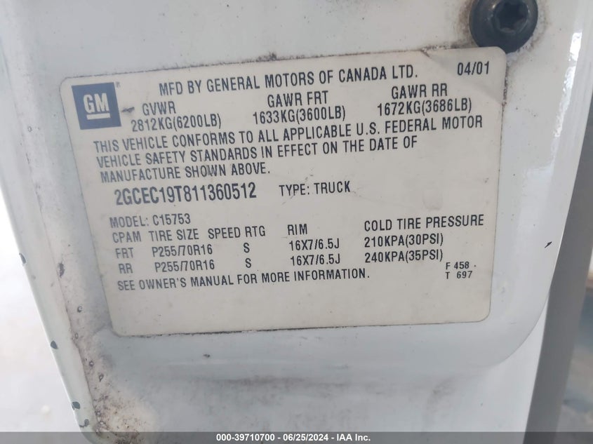 2001 Chevrolet Silverado 1500 C1500 VIN: 2GCEC19T811360512 Lot: 39710700