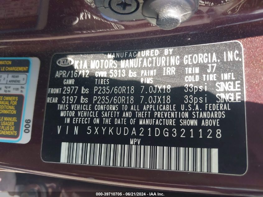2013 Kia Sorento Ex V6 VIN: 5XYKUDA21DG321128 Lot: 39710705