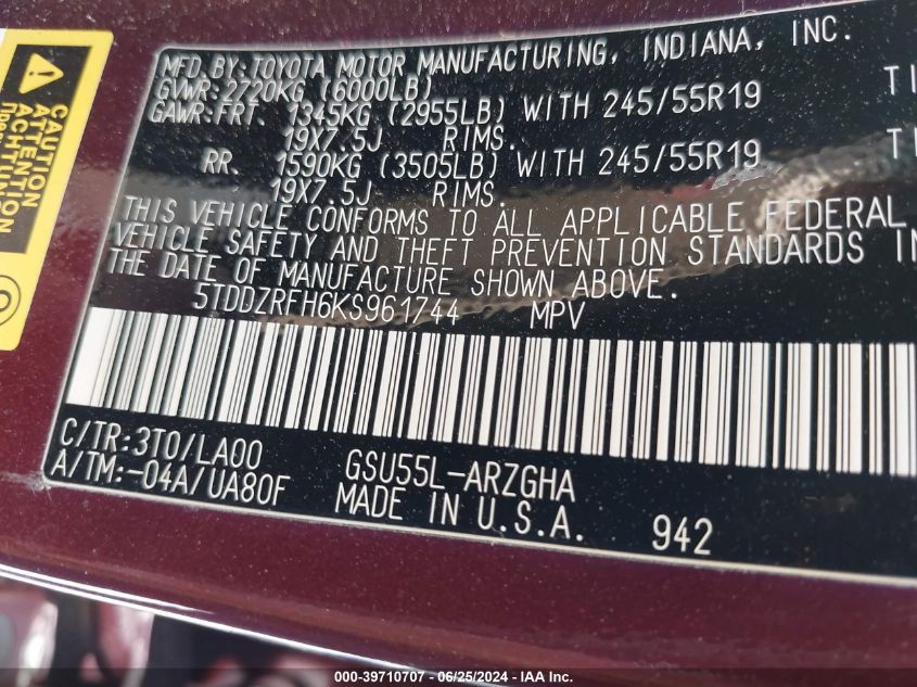 2019 Toyota Highlander Limited VIN: 5TDDZRFH6KS961744 Lot: 39710707