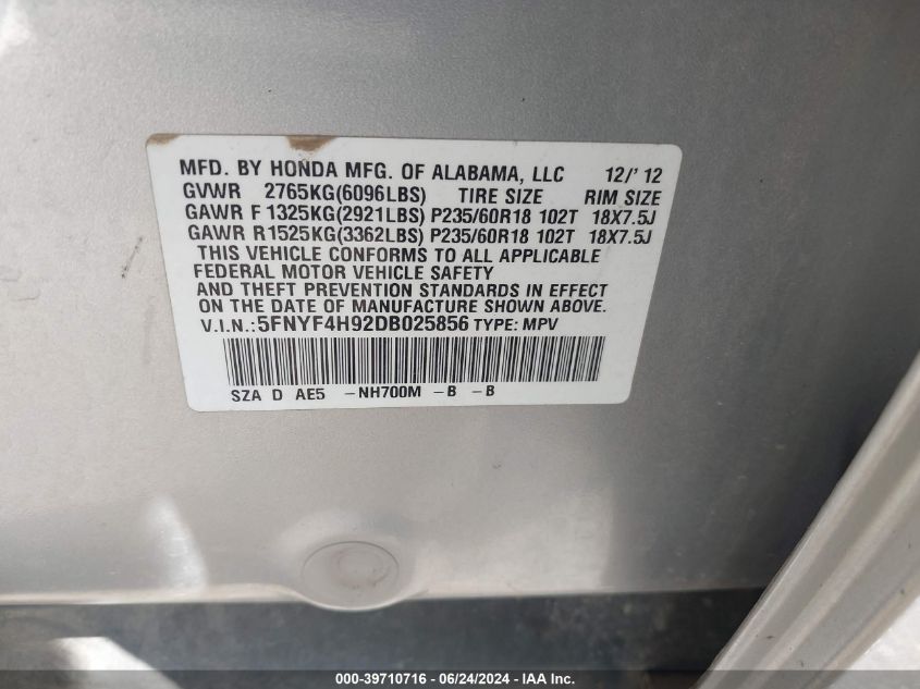 2013 Honda Pilot Touring VIN: 5FNYF4H92DB025856 Lot: 39710716
