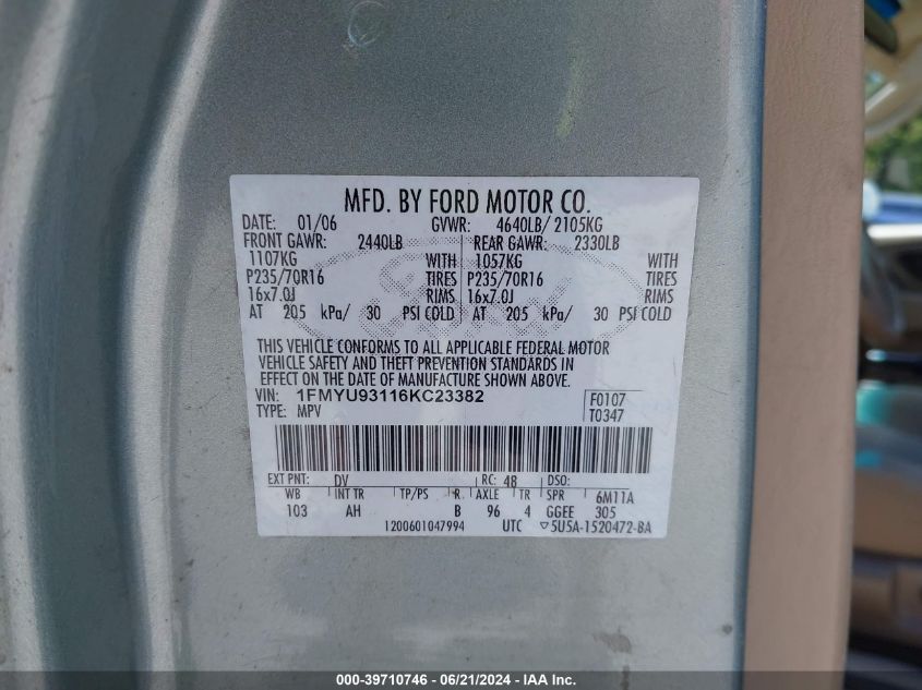 2006 Ford Escape Xlt/Xlt Sport VIN: 1FMYU93116KC23382 Lot: 39710746