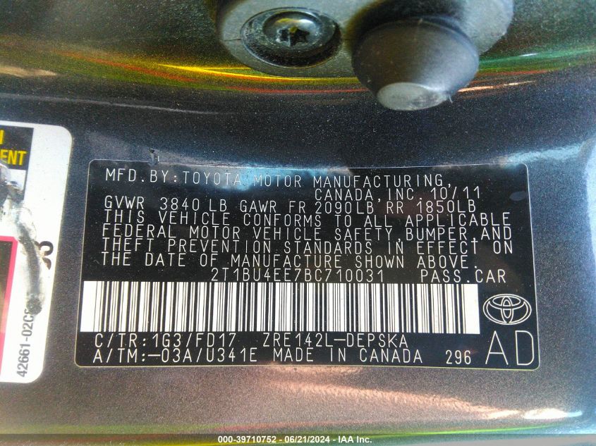 2011 Toyota Corolla S/Le VIN: 2T1BU4EE7BC710031 Lot: 39710752