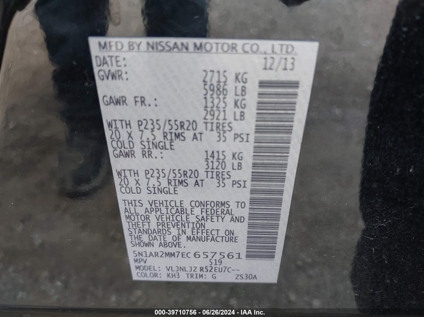 2014 Nissan Pathfinder Platinum VIN: 5N1AR2MM7EC657561 Lot: 39710756