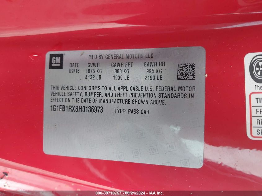 2017 Chevrolet Camaro Lt VIN: 1G1FB1RX8H0136973 Lot: 39710757