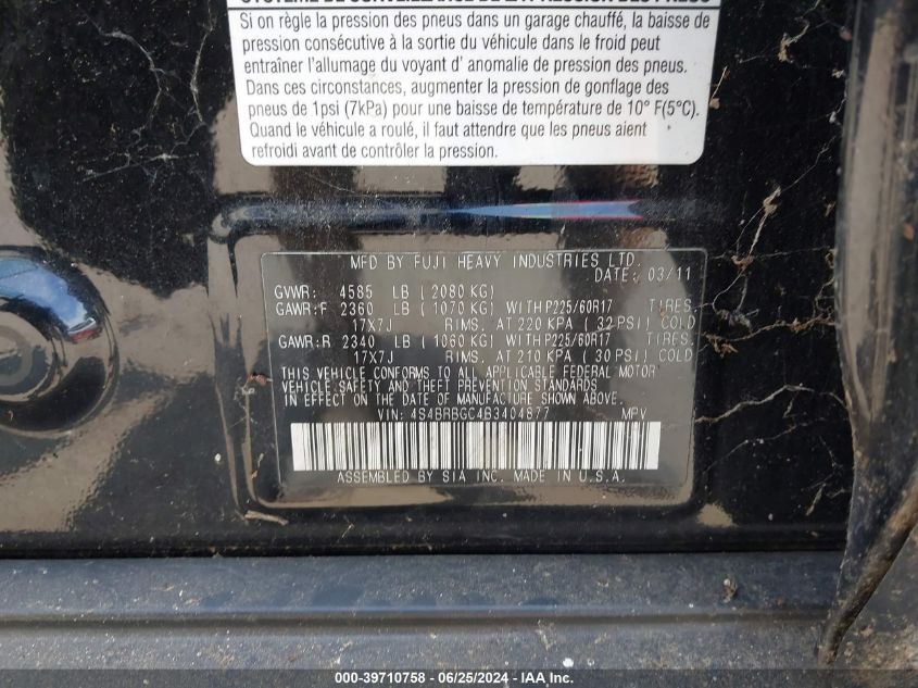 2011 Subaru Outback 2.5I Premium VIN: 4S4BRBGC4B3404877 Lot: 39710758