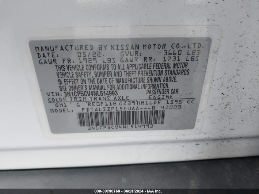 3N1CP5CV4NL514993 2022 Nissan Kicks Sv Xtronic Cvt