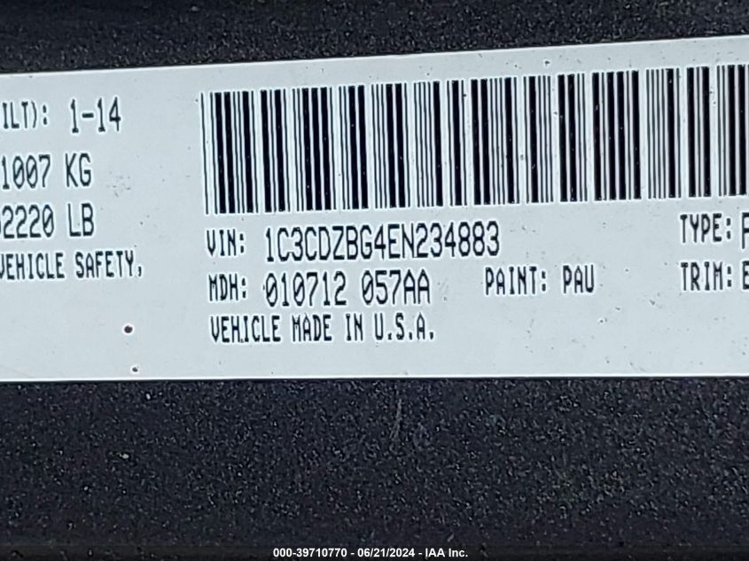 2014 Dodge Avenger R/T VIN: 1C3CDZBG4EN234883 Lot: 39710770