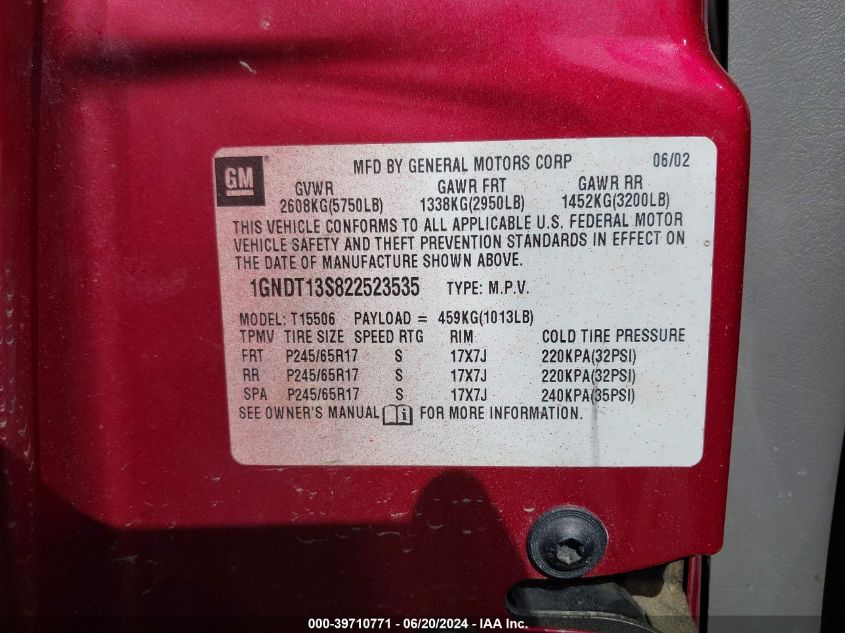 2002 Chevrolet Trailblazer Ltz VIN: 1GNDT13S822523535 Lot: 39710771