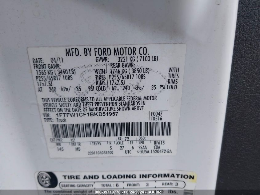 2011 Ford F-150 Xlt VIN: 1FTFW1CF1BKD51957 Lot: 39710778