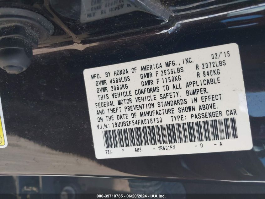 2015 Acura Tlx V6 Tech VIN: 19UUB2F54FA018130 Lot: 39710785