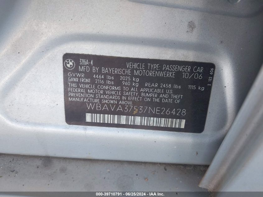2007 BMW 328I VIN: WBAVA37537NE26428 Lot: 39710791