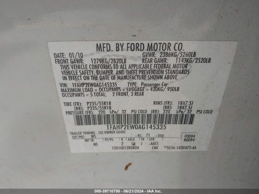 2010 Ford Taurus Sel VIN: 1FAHP2EW0AG145335 Lot: 39710795