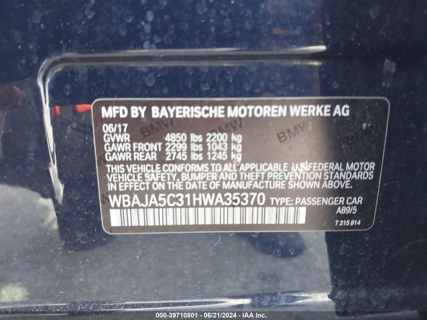 WBAJA5C31HWA35370 2017 BMW 530I