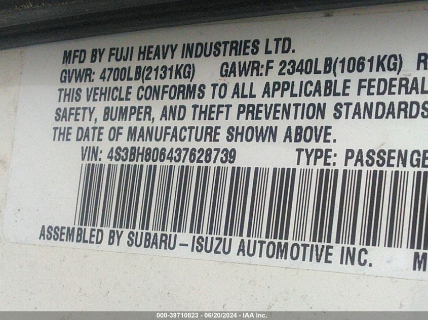 2003 Subaru Outback H6-3.0 L.l. Bean Edition VIN: 4S3BH806437628739 Lot: 39710823