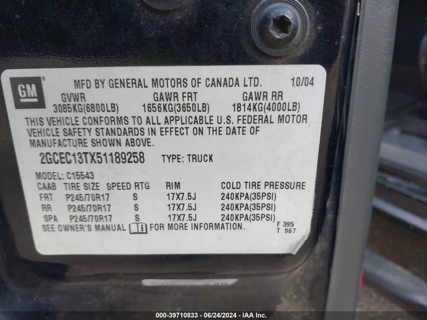 2005 Chevrolet Silverado 1500 Ls VIN: 2GCEC13TX51189258 Lot: 39710833