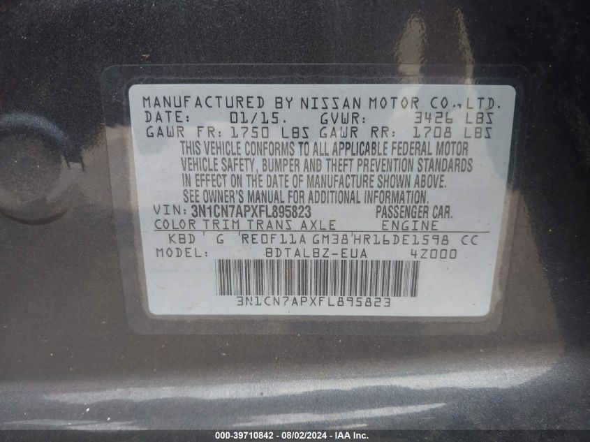 2015 Nissan Versa 1.6 S/1.6 S+/1.6 Sl/1.6 Sv VIN: 3N1CN7APXFL895823 Lot: 39710842