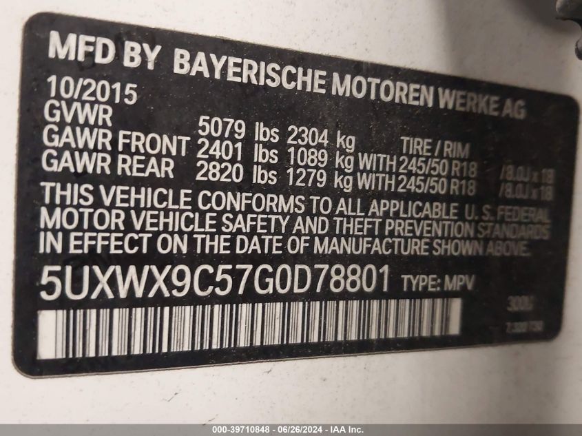 2016 BMW X3 xDrive28I VIN: 5UXWX9C57G0D78801 Lot: 39710848