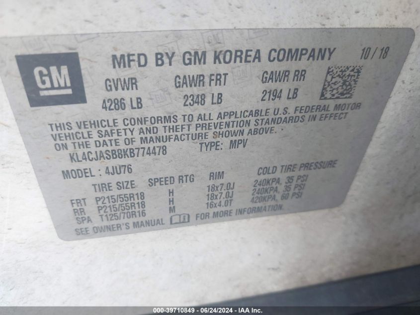 2019 Buick Encore Fwd Preferred VIN: KL4CJASB8KB774478 Lot: 39710849