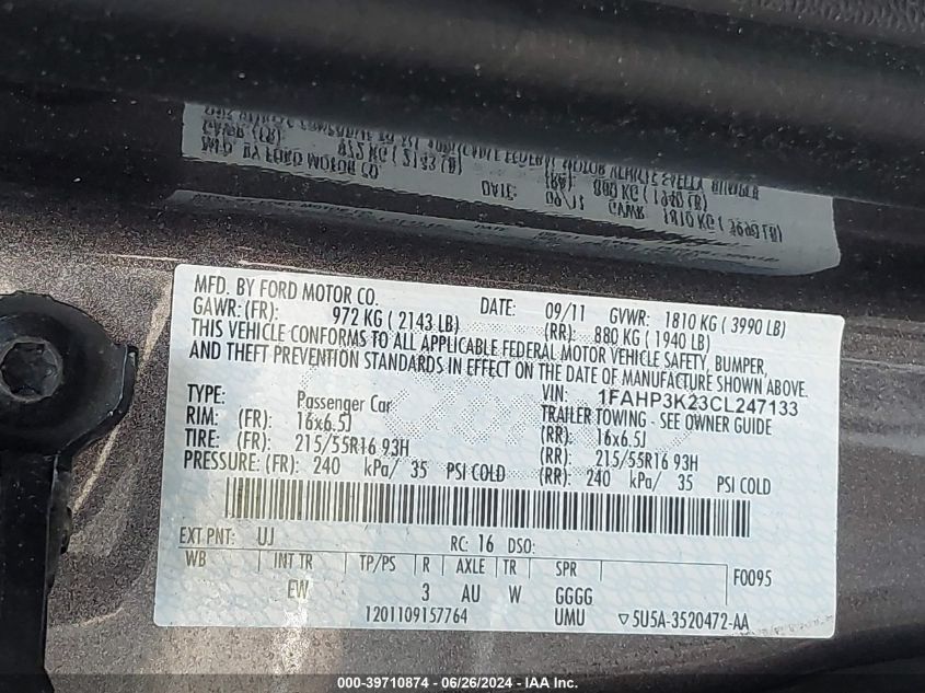 2012 Ford Focus Se VIN: 1FAHP3K23CL247133 Lot: 39710874