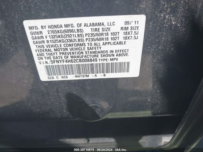 2012 Honda Pilot Ex-L VIN: 5FNYF4H62CB008849 Lot: 39710878