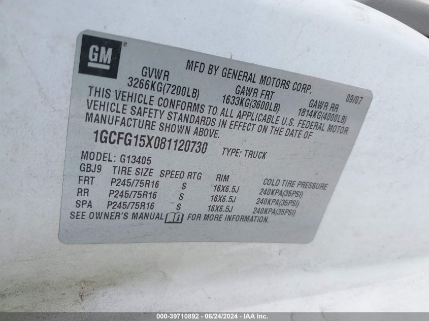 2008 Chevrolet Express Work Van VIN: 1GCFG15X081120730 Lot: 39710892