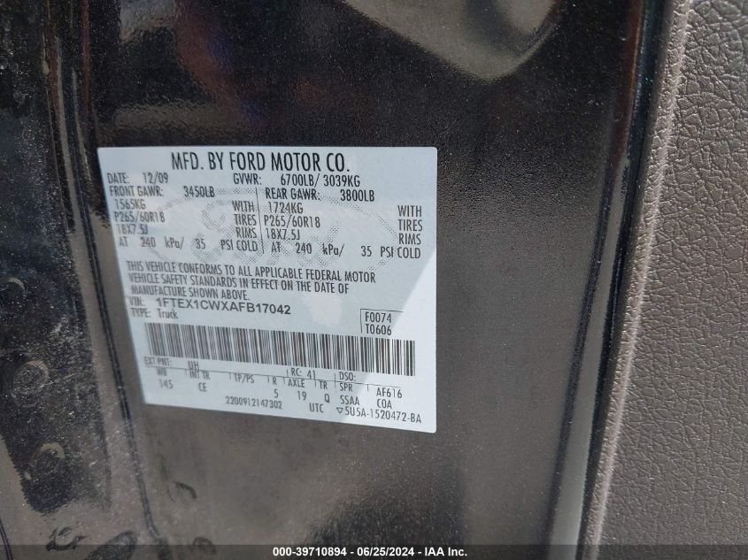 2010 Ford F150 Super Cab VIN: 1FTEX1CWXAFB17042 Lot: 39710894