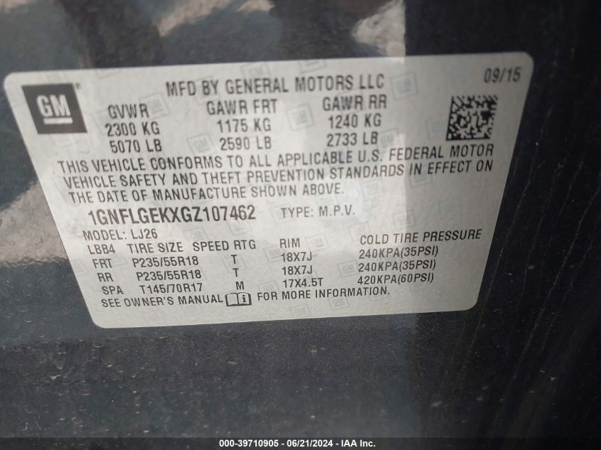 1GNFLGEKXGZ107462 2016 Chevrolet Equinox Ltz