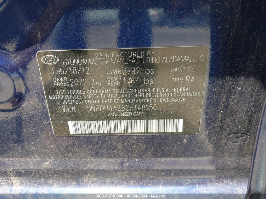 2012 Hyundai Elantra Gls VIN: 5NPDH4AE8CH148156 Lot: 39710906